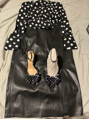 INC Black & White Polka Dot Blouse with Faux Leather Skirt